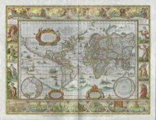 Reproduction coloured map 14½ by 11 of Blaeuw's World Atlas (French version) in the Württemberg