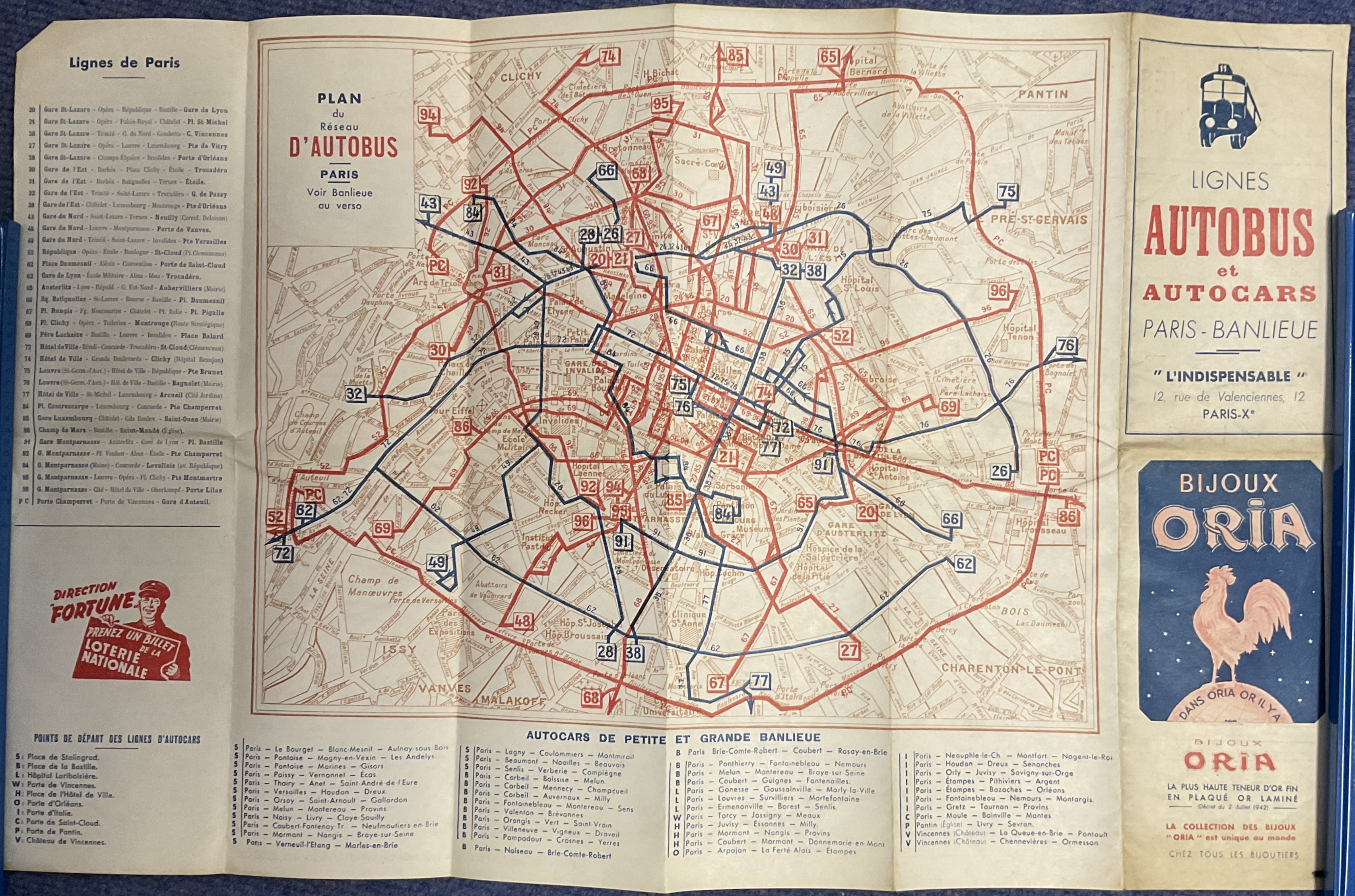 Folded map. Circa 1950? Paris. Lignes, autobus et autocars. Paris - Banlieue. Very good condition. - Image 2 of 2