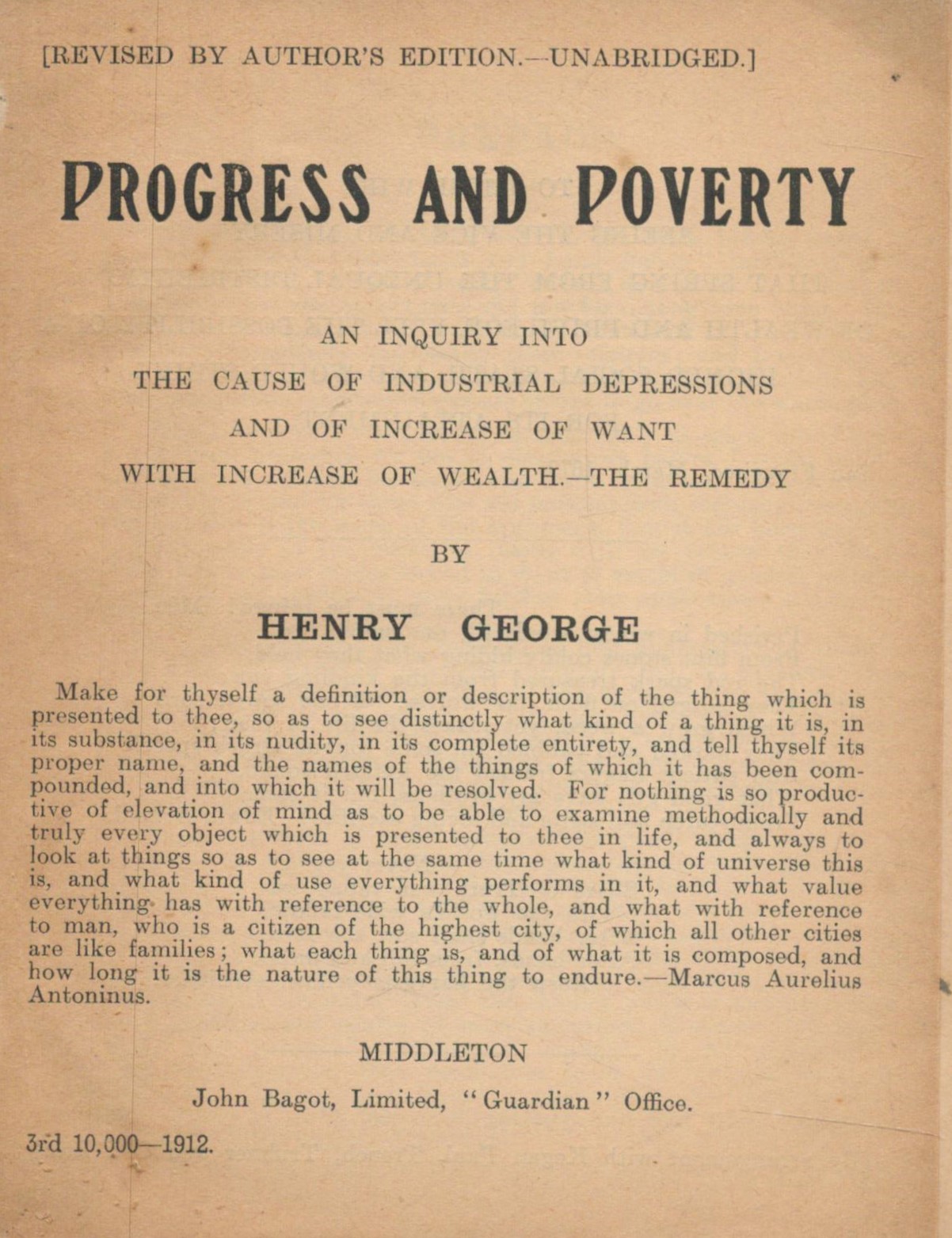 Henry George Progress and Poverty. Published by Middleton, John Bagot Ltd. , Guardian Office, - Image 2 of 3