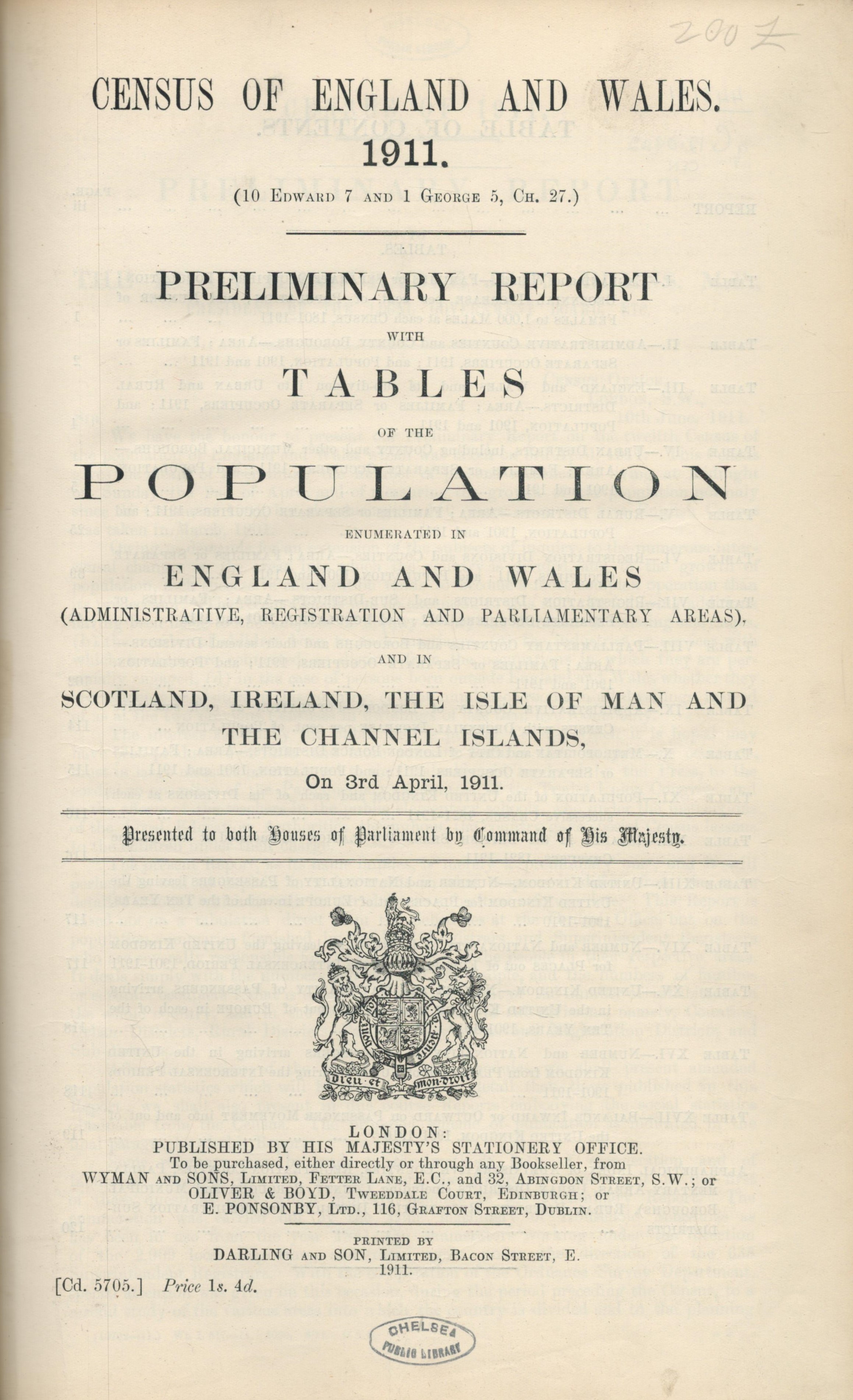 Census of England and Wales 1911. Preliminary report with tables of the population enumerated in - Image 2 of 3