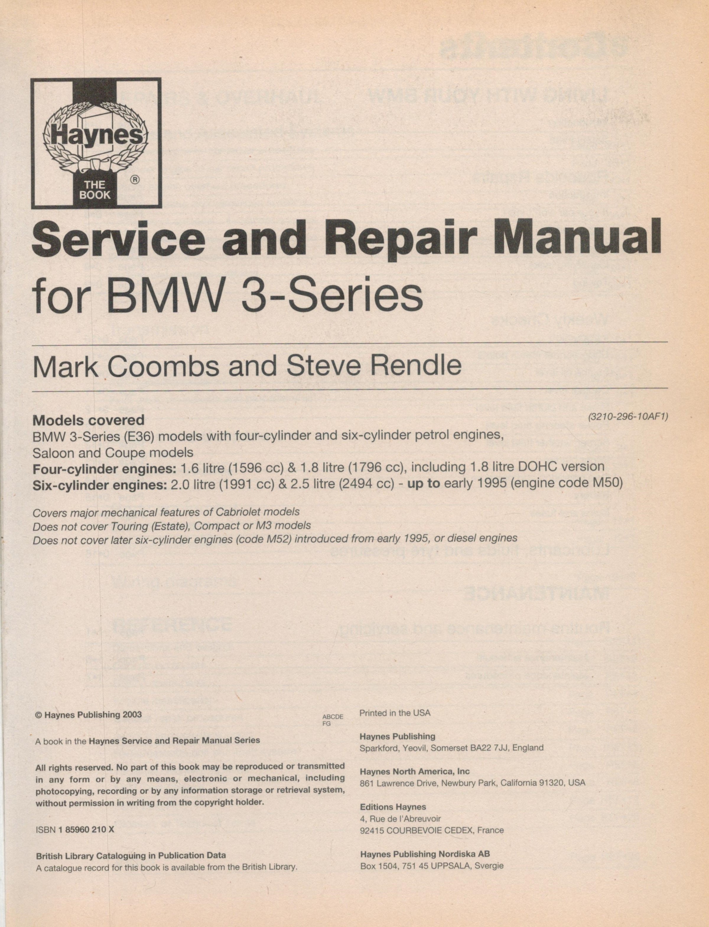 BMW 3-Series Haynes Service and Repair Manual 2003 First Edition Hardback Book published by Haynes - Image 2 of 2