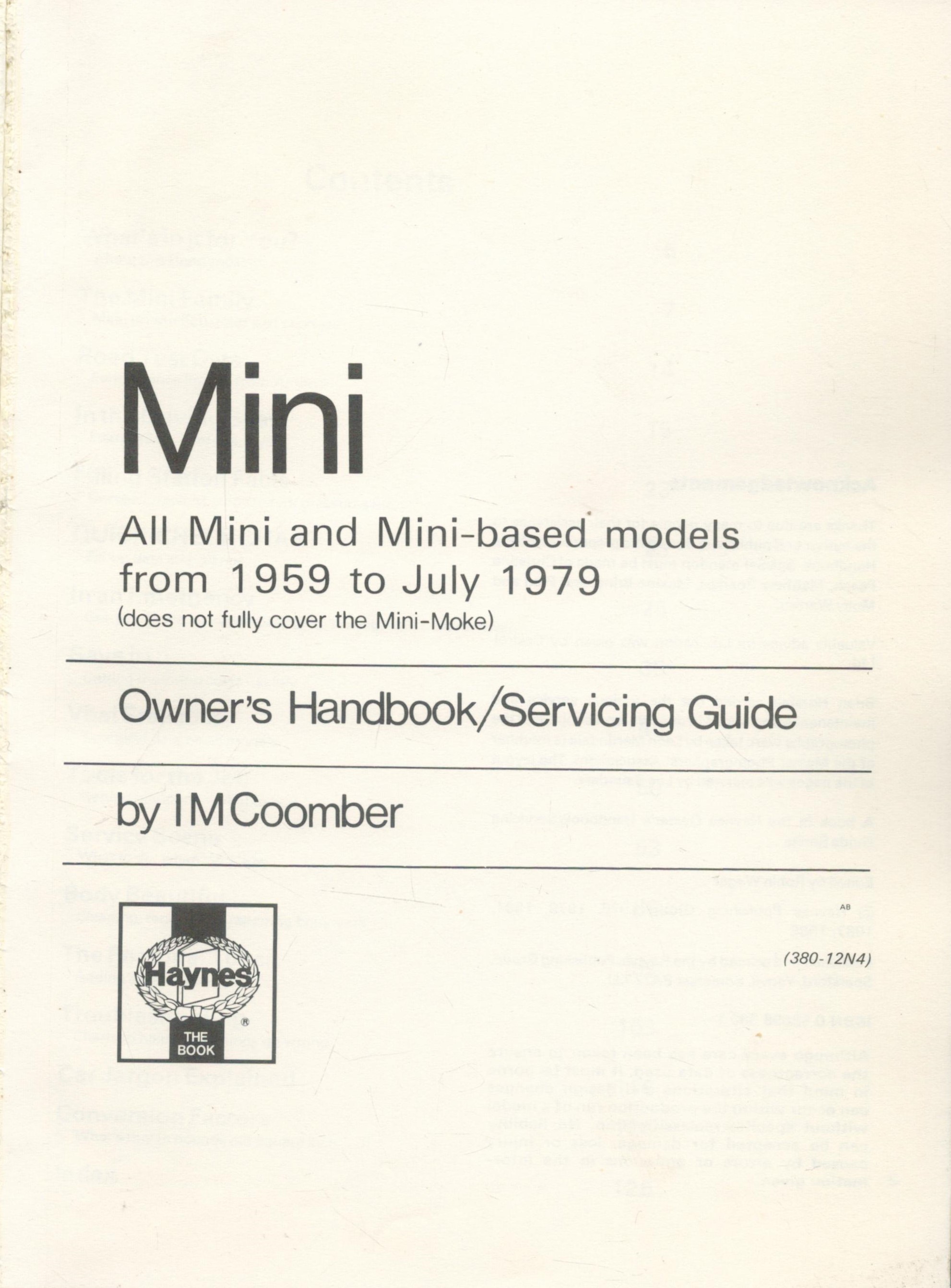 Mini - Owners Handbook & Servicing Guide (Haynes) by I M Coomber 1988 Fifth Edition Softback - Image 2 of 3