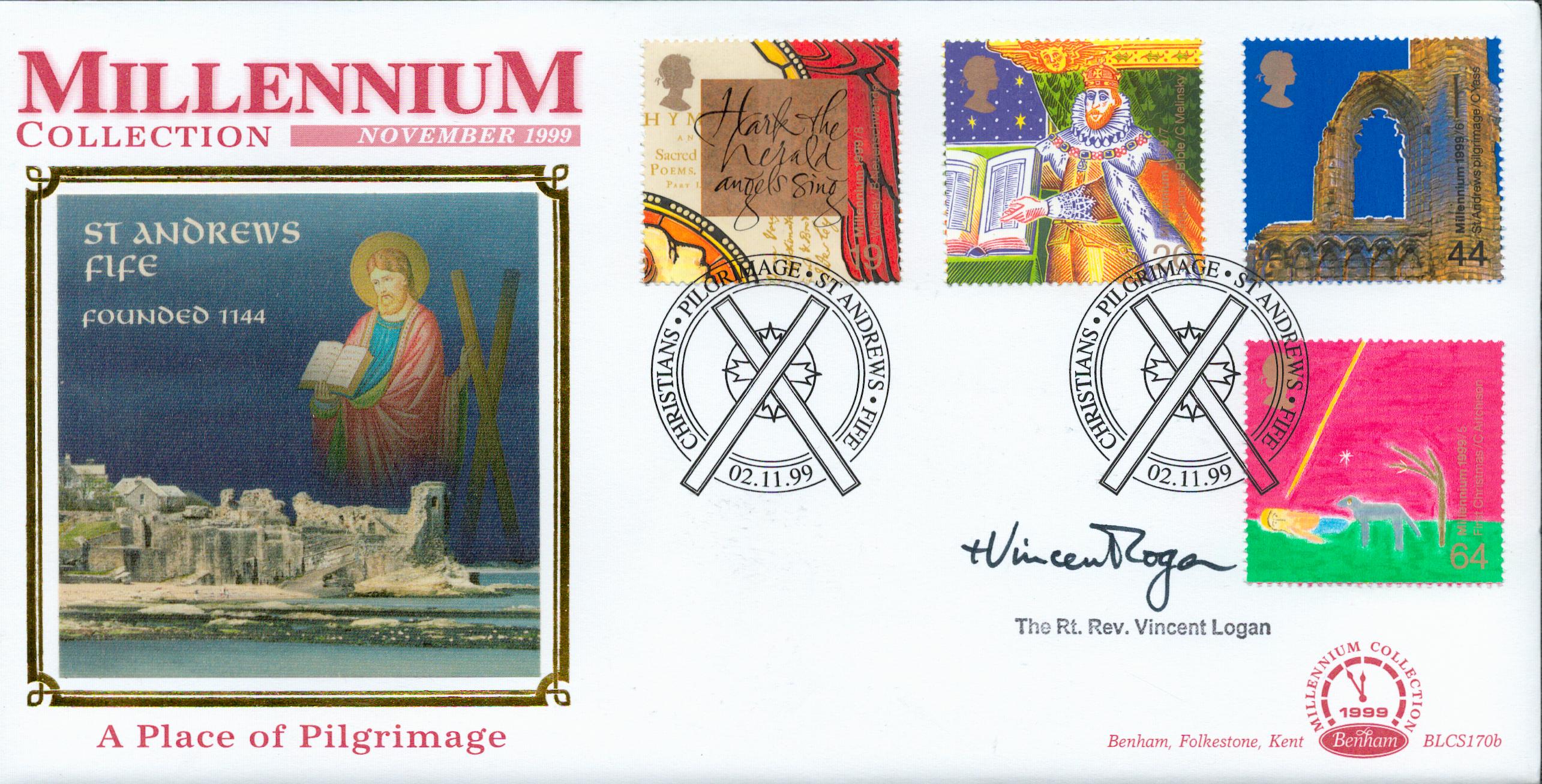 Rt Rev Vincent Logan signed Millennium Collection FDC. 2/11/99 St Andrews postmark. All autographs