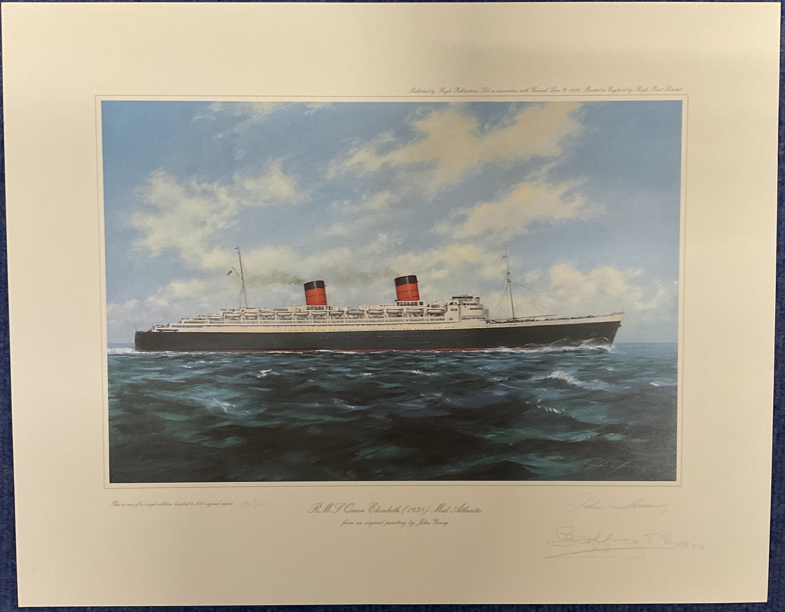 John Young signed print titled R. M. J Queen Mary (1938) Mid Atlantic. All autographs come with a