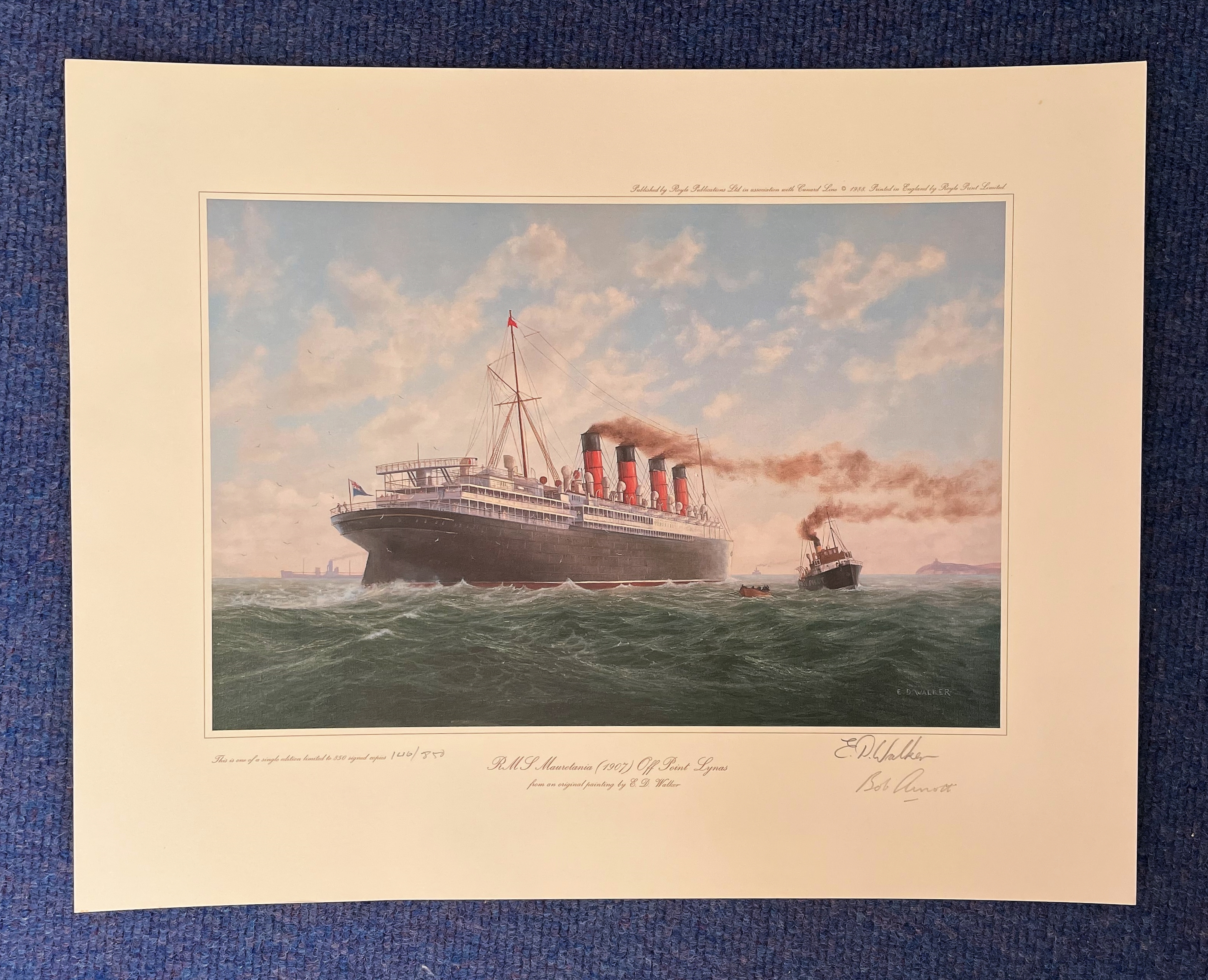 E. D Walker signed print titled R. M. J Mauretania (1907) Off Point Lynas. All autographs come