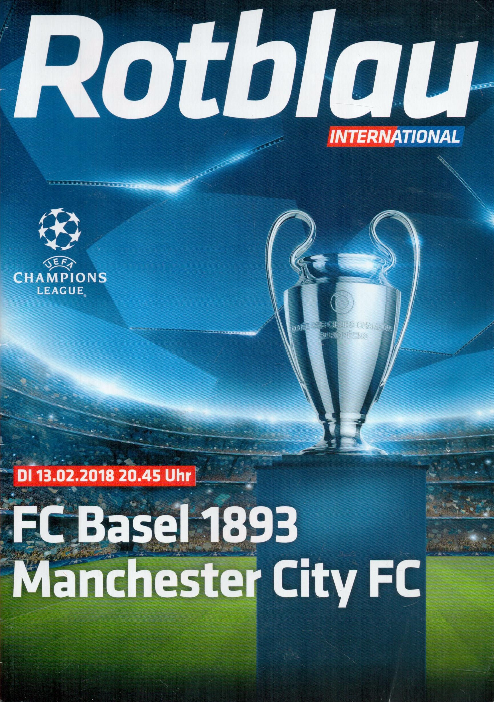 FC Basel 1893 V Manchester City Matchday Programme From 13th February 2018. A Champions League Game.