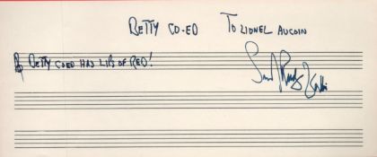 Rudy Vallee Signed 9 x 4 approx Music Score Sheet Cutting. Signed in blue ink, Dedicated. Good