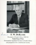 F.W. De Klerk Nobel Peace Prize Winner Signed 10x8 inch Promo Sheet. Good Condition. All