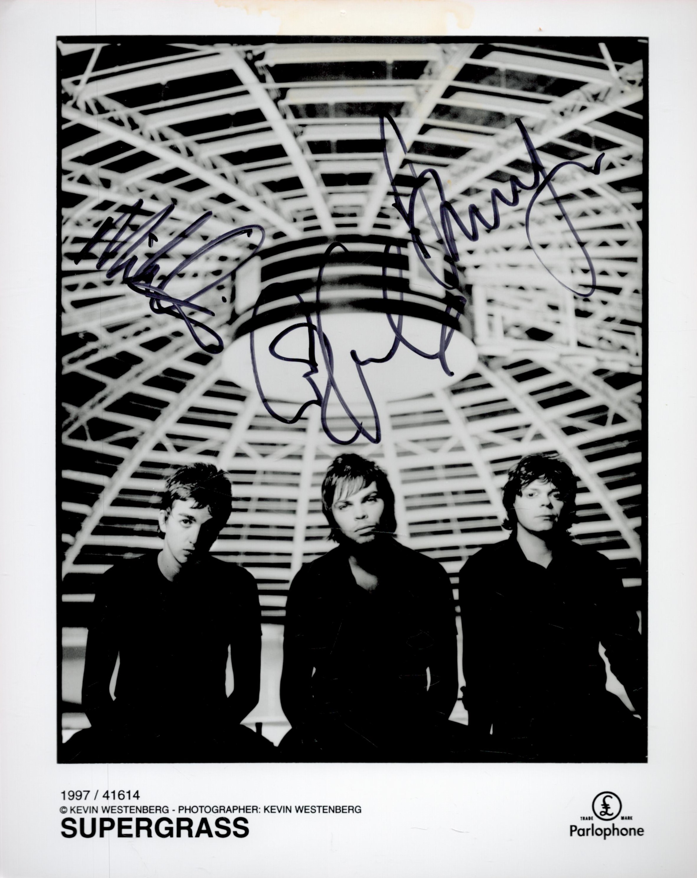 Supergrass multisigned 10x8 black and white promo photo signatures include Gaz Coombes , Dan