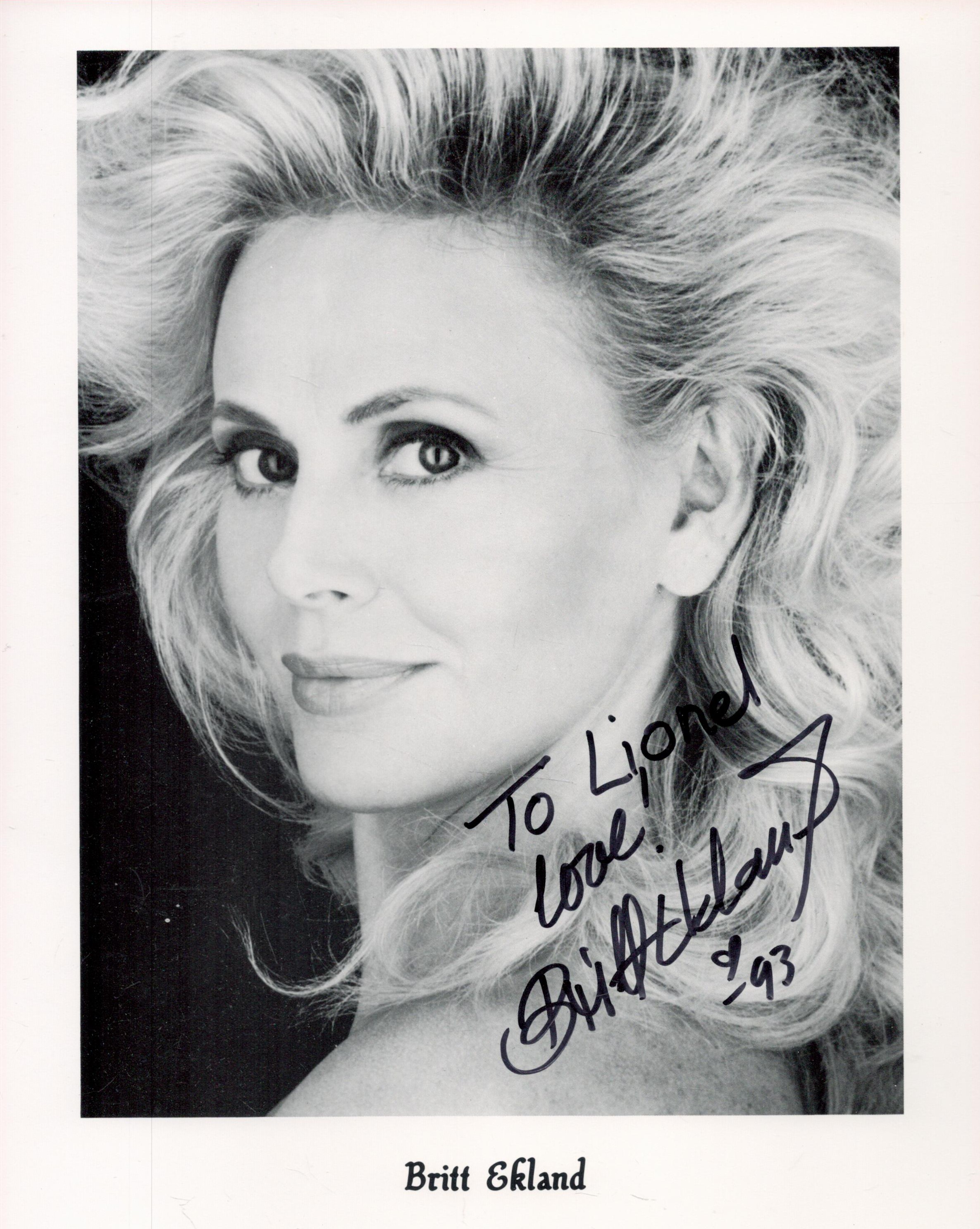 Britt Ekland Signed 10x8 inch Black and White Photo. Signed in black ink in 1993, Dedicated. Good