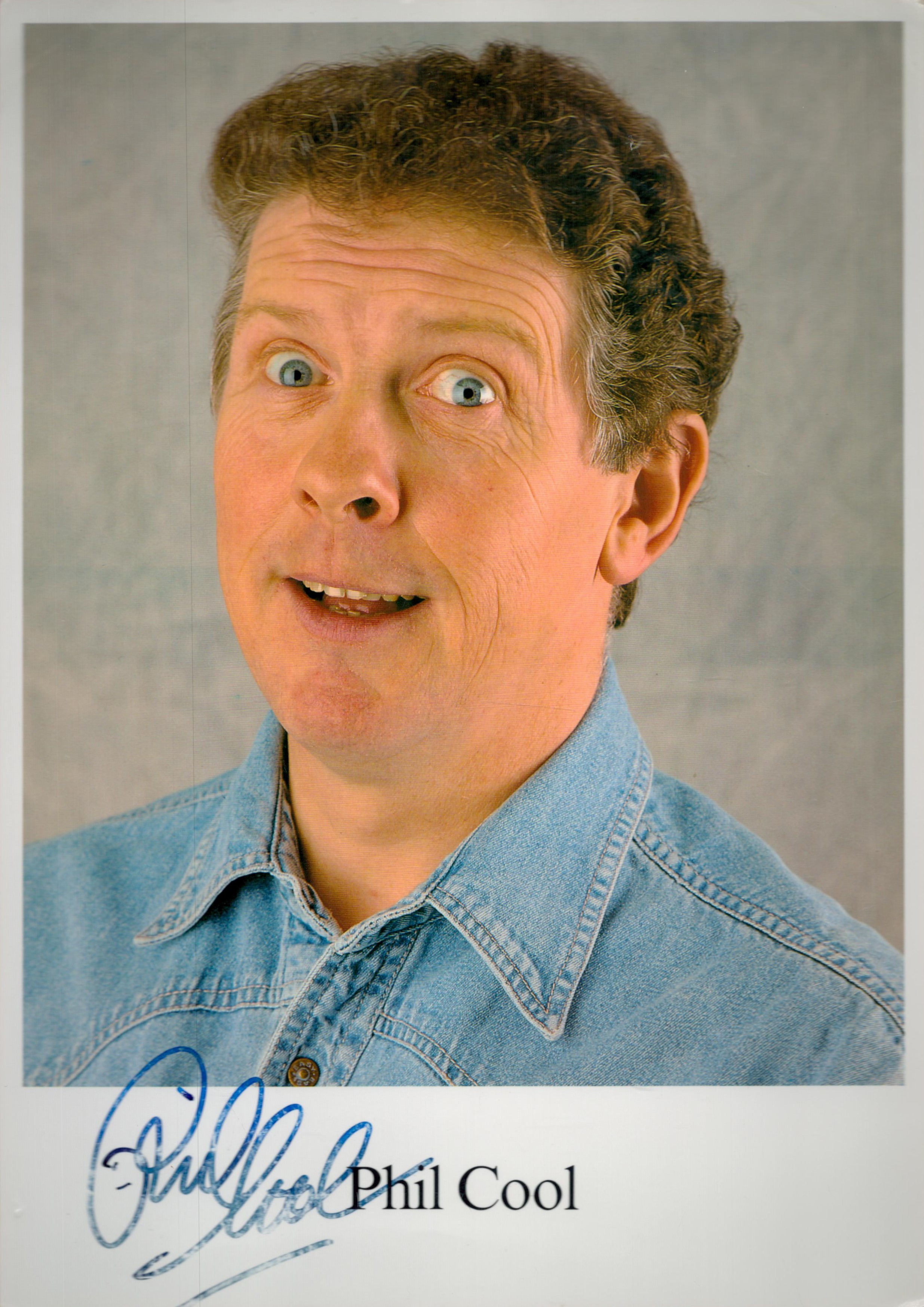 British Comedian Phil Cool Signed 12 x 8 inch Colour Personalised Photo. Signed in blue ink.