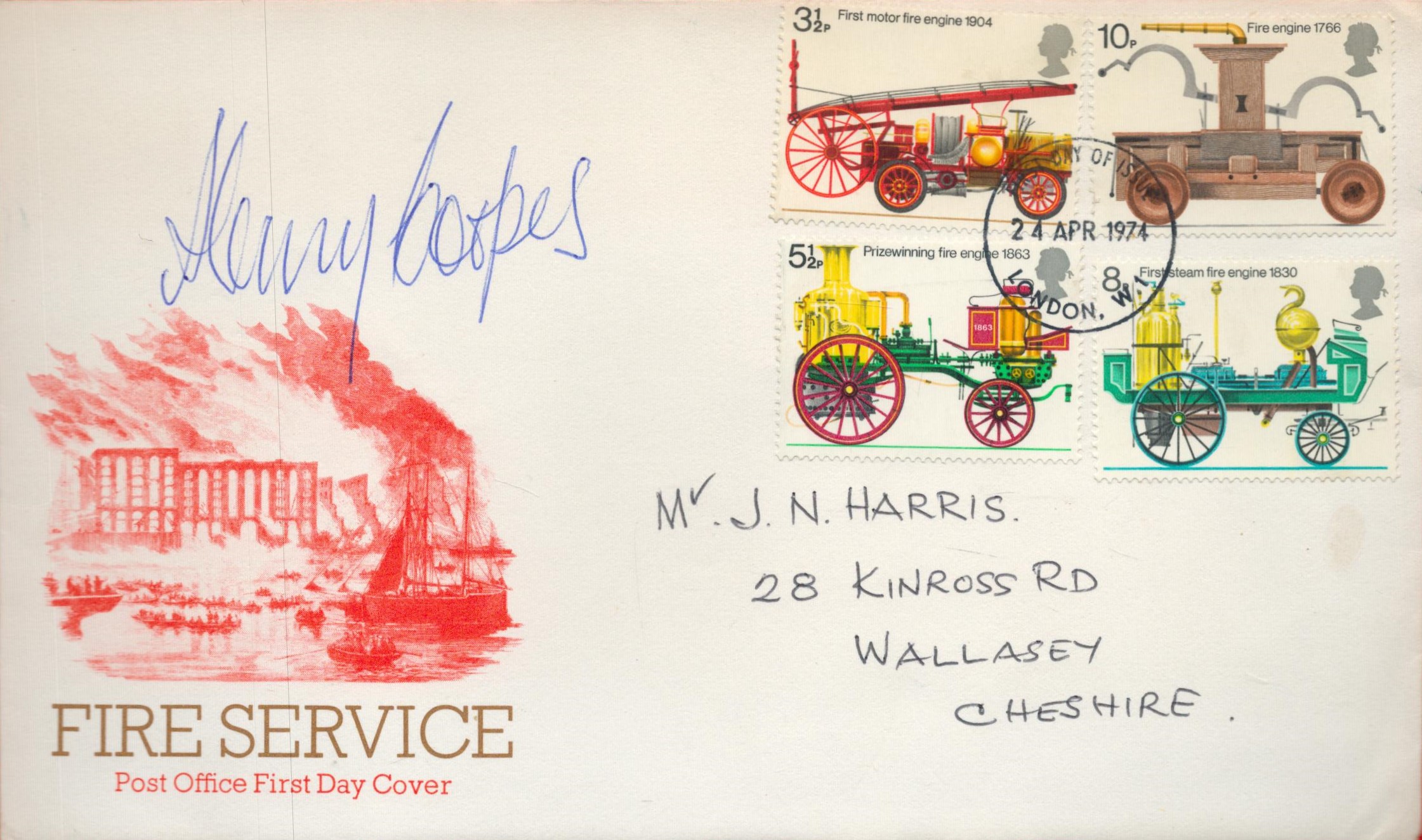 Henry Cooper Signed Fire Service Royal Mail First Day Cover. 4 British stamps with 24 apr 1974 First