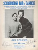 Paul Simon and Art Garfunkel signed Scarborough Fair /Canticle 12x9 music score sheet. Good