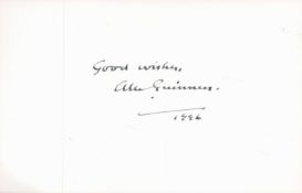 Alec Guinness Signed White 5 x 3 inch approx Autograph Card. Signed in black ink in 1996. Good