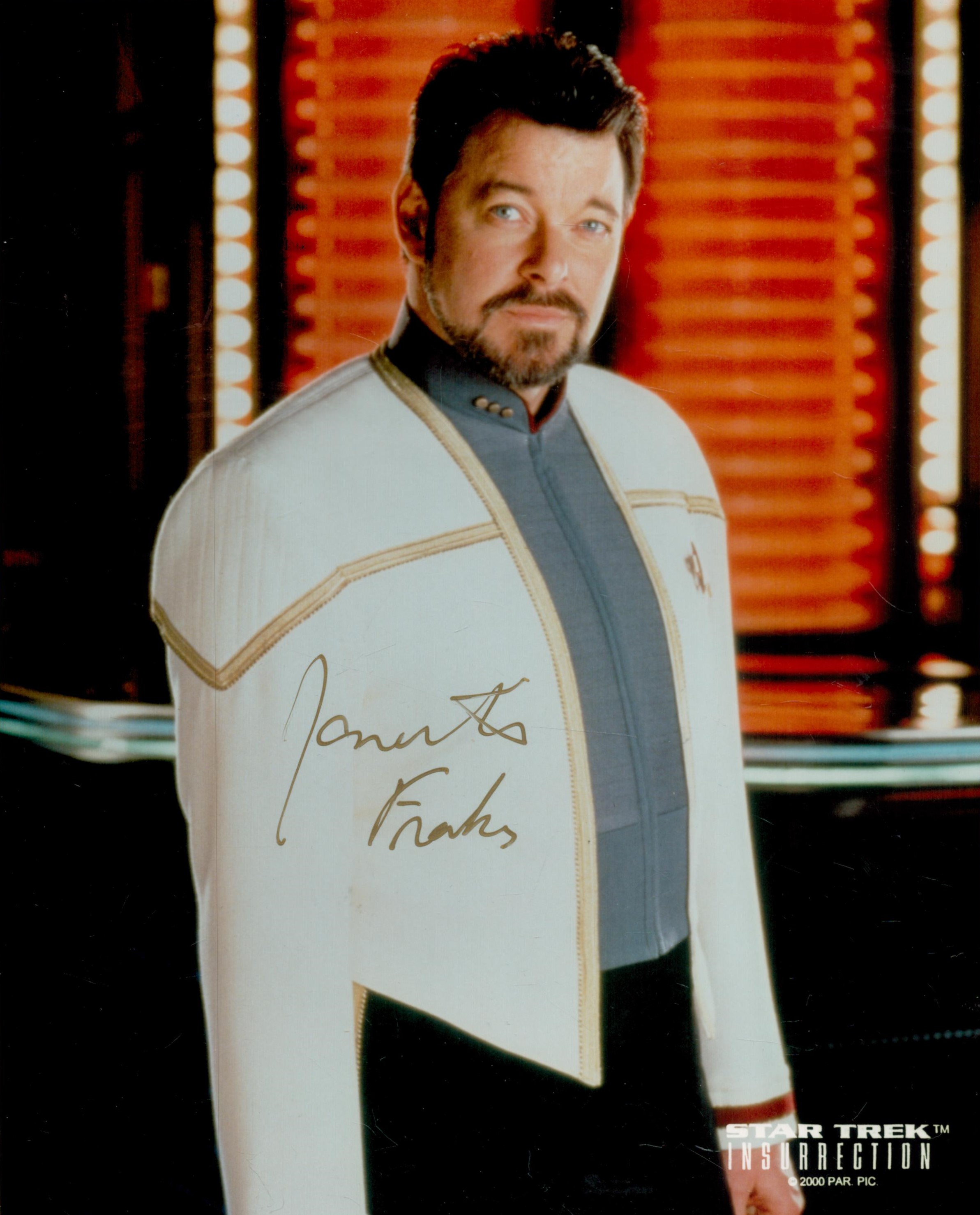 Star Trek Johnathan Frakes Signed 10x8 inch Colour Star Trek Photo. Signed in gold ink. Good