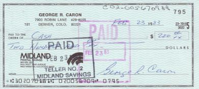 George Caron Tail gunner on the Enola Gay Signed Bank Cheque. Good Condition. All autographs come