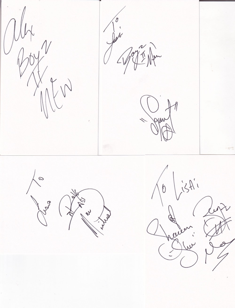 Michael, Alex, Shawn, Squirt Boyz II Men Boy Band Four Signed White Cards. Good Condition. All