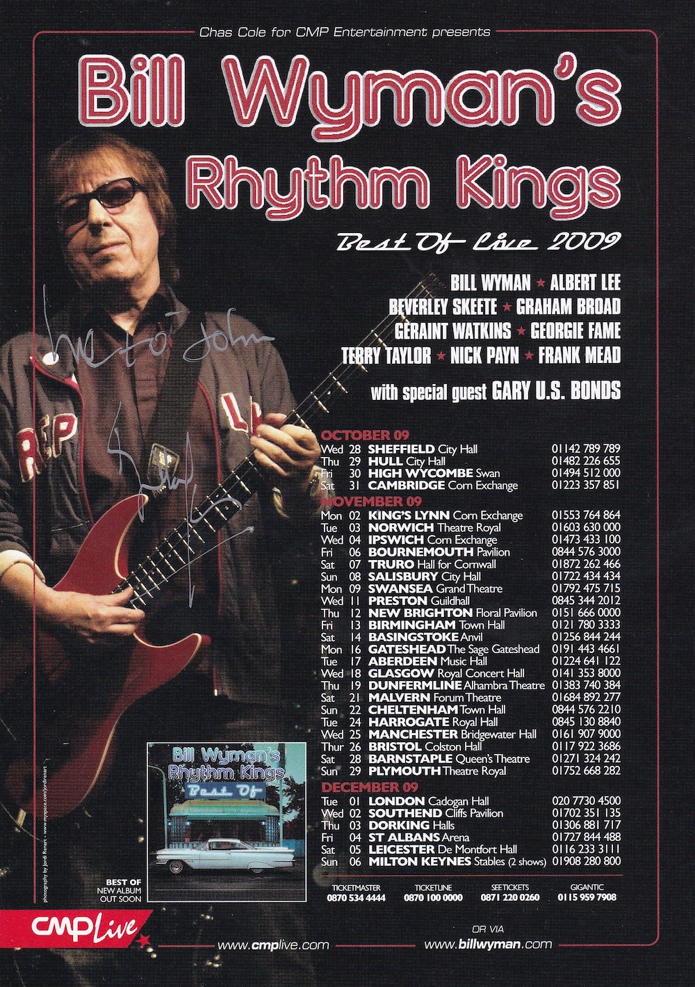Bill Wyman Former Rolling Stones Band Member Signed Tour Flyer. Good Condition. All autographs