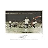 Football, Sir Geoff Hurst signed 12x16 colourised photograph picturing Hurst scoring the famous