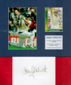 Cricket Adam Gilchrist signed 6x4 white card and 10x8 overall two mounted colour photos and name