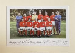 England 1966 World Cup Winners 23x16 approx multi signed colour team print includes 9 of the winning
