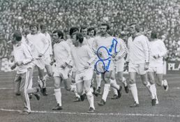 Autographed Paul Reaney 12 X 8 Photo : B/W, Depicting Leeds United Trainer Les Cocker Leading
