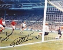 Football. Martin Peters and Geoff Hurst Signed 10x8 colour photo. Photo shows the pair in action