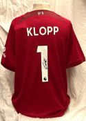 Football Jurgen Klopp signed Liverpool replica home football shirt size large. Good Condition. All