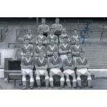 Autographed Derek Temple 12 X 8 Photo : B/W, Depicting A Wonderful Image Showing Everton Players