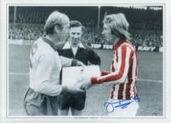 Football Jimmy Greenhoff signed 16x12 Stoke City colourised print. Good Condition. All autographs