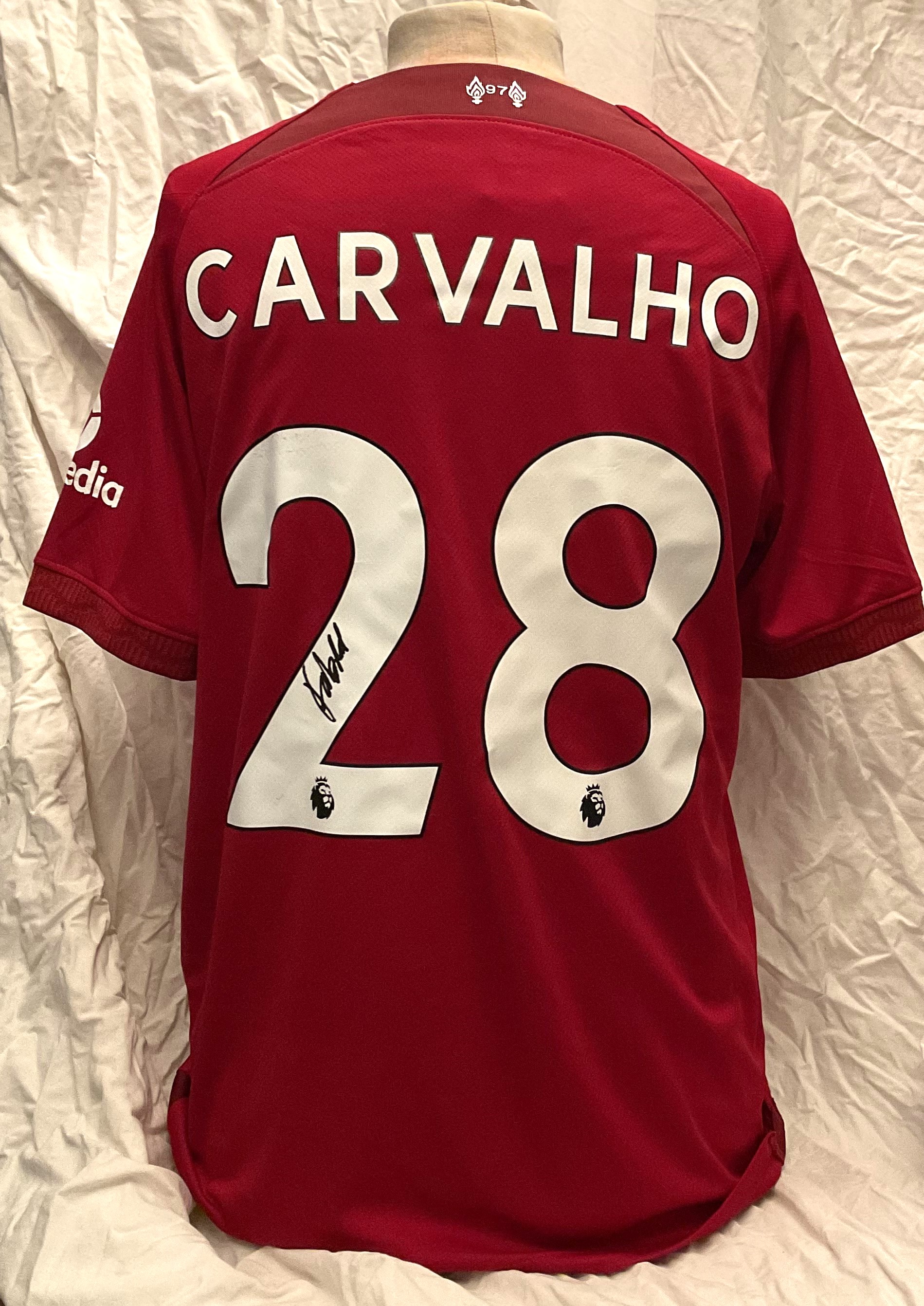 Football Fabio Carvalho signed Liverpool replica home football shirt size medium. Good Condition.