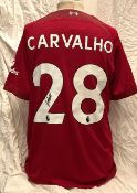 Football Fabio Carvalho signed Liverpool replica home football shirt size medium. Good Condition.