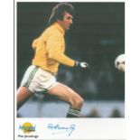 Football. Pat Jennings Signed 10x8 colour Autographed Editions page. Bio description on the rear.