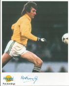 Football. Pat Jennings Signed 10x8 colour Autographed Editions page. Bio description on the rear.