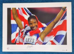 Denise Lewis signed 22x16 colour Team GB Olympic Gold Big Blue Tube print. Olympic Games Sydney