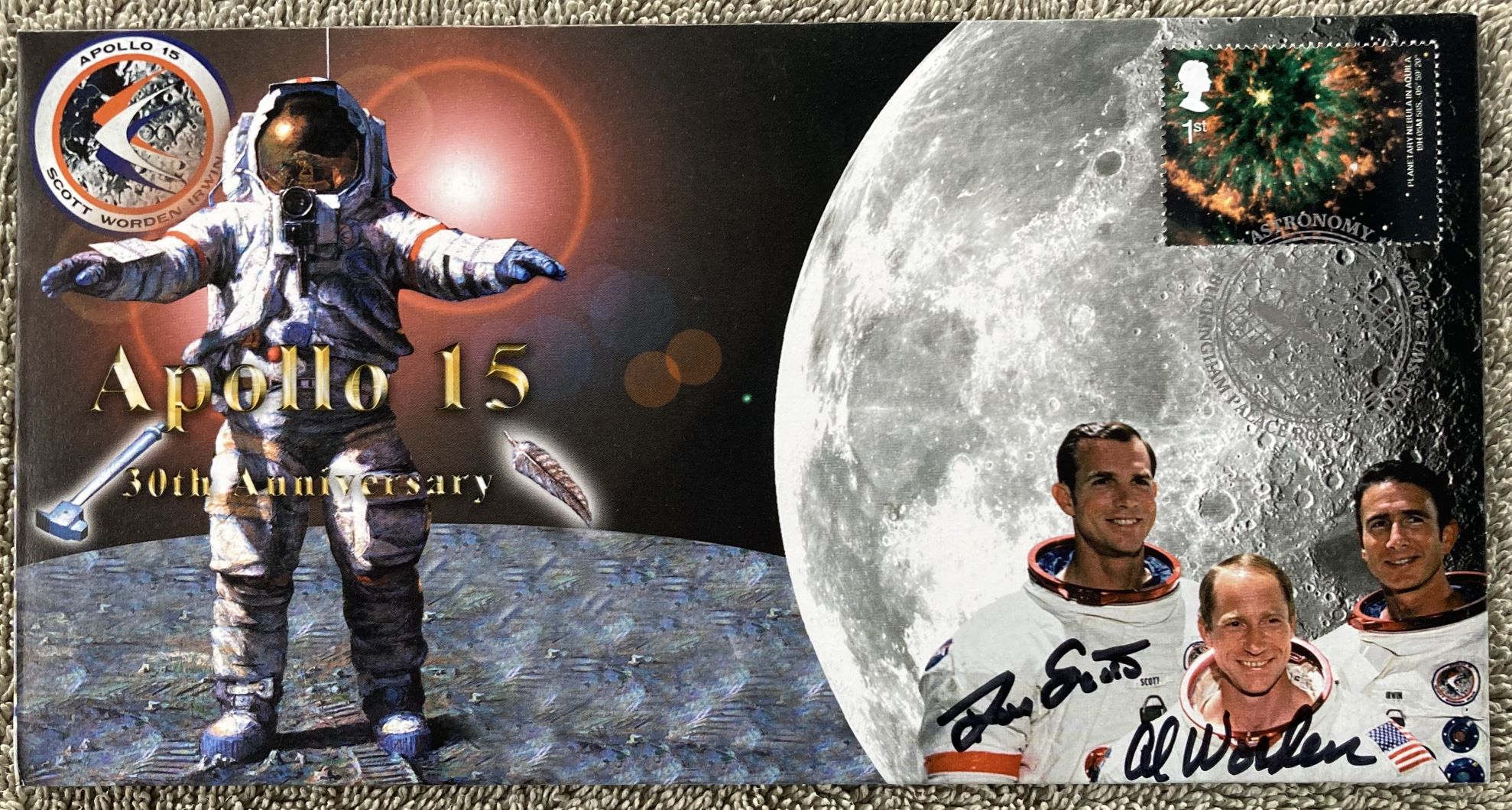 Apollo 15 moonwalker Dave Scott Alfred Worden signed Space cover NASA Astronauts. 2001 30th