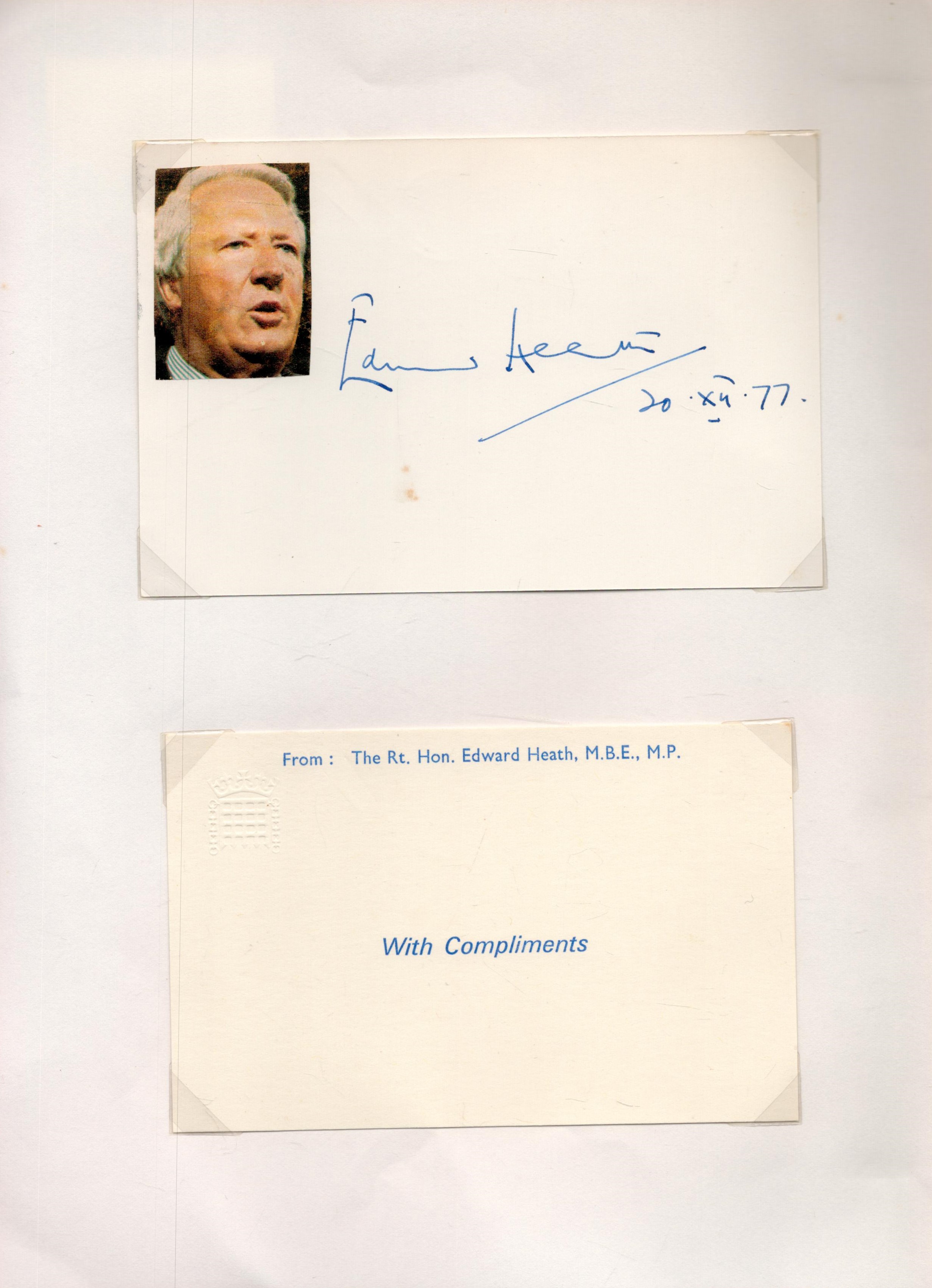 Edward Heath signed 6x4 album page and compliments slip affixed to A4 sheet. Good Condition. All