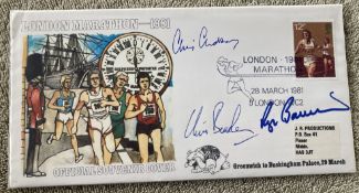 Athletics Four Minute Mile team signed 1981 London Marathon cover. Signed by Roger Bannister,