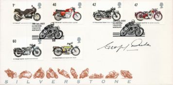 Geoff Duke signed 2005 Silverstone Motor Racing cover with Motor cycle set of stamps and postmark. .