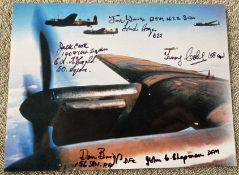 WW2 Six Bomber command veterans signed superb colour 7 x 5 inch Lancaster in flight photo.