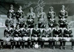 Man Utd 1973/74 multiple signed 12 x 8 inch b/w photo. Signed by James, Rimmer, McIlroy, Storey -