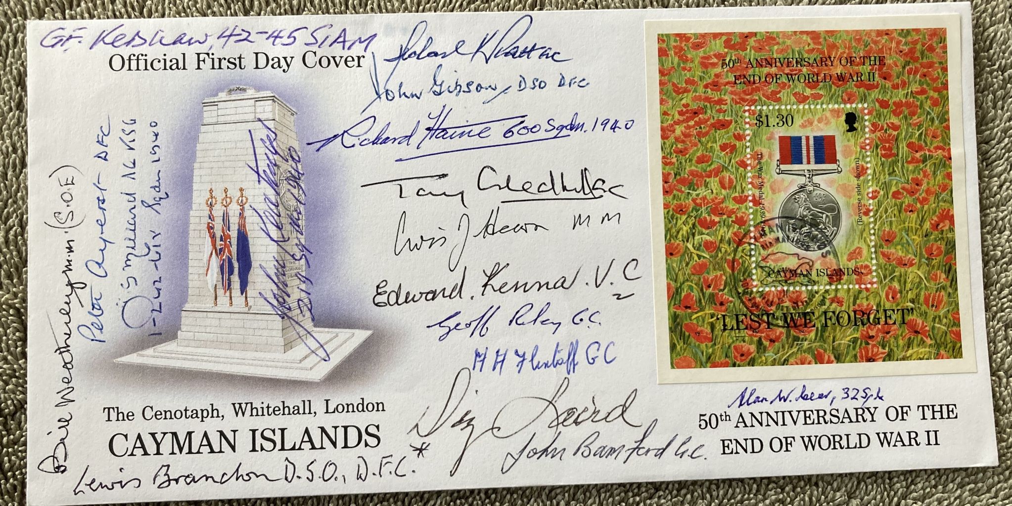 16 WW2 VC GC Aces SOE multiple signed 50th ann WW2 US FDC. Autographs include Lewis Brandon DSO DFC,