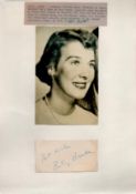 Betsy Drake signed 4x3 album page and 6x4 black and white photo affixed to A4 sheet. Good Condition.