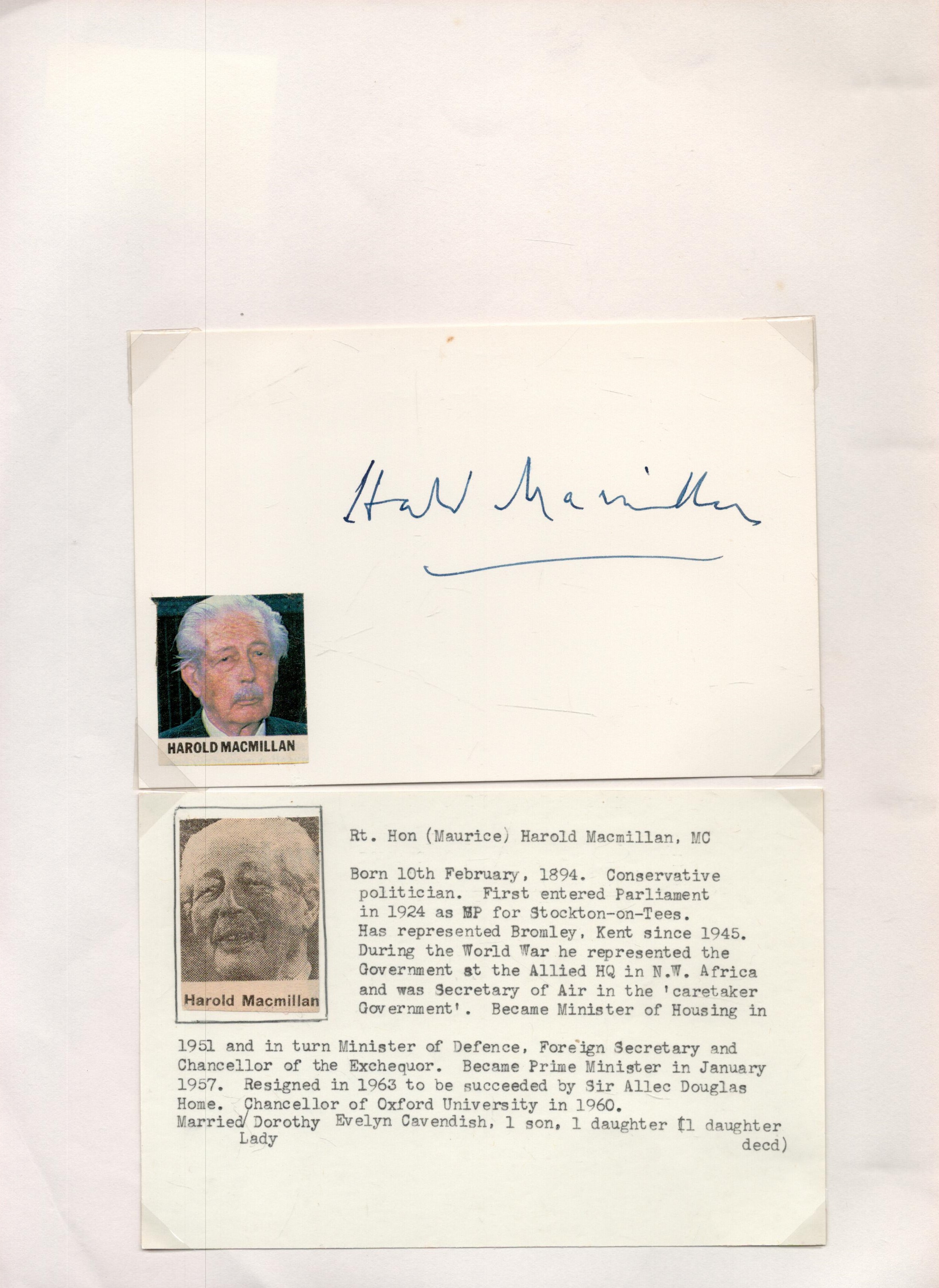 Harold Macmillan signed 6x4 album page and Bio sheet fixed to A4 sheet. Good Condition. All