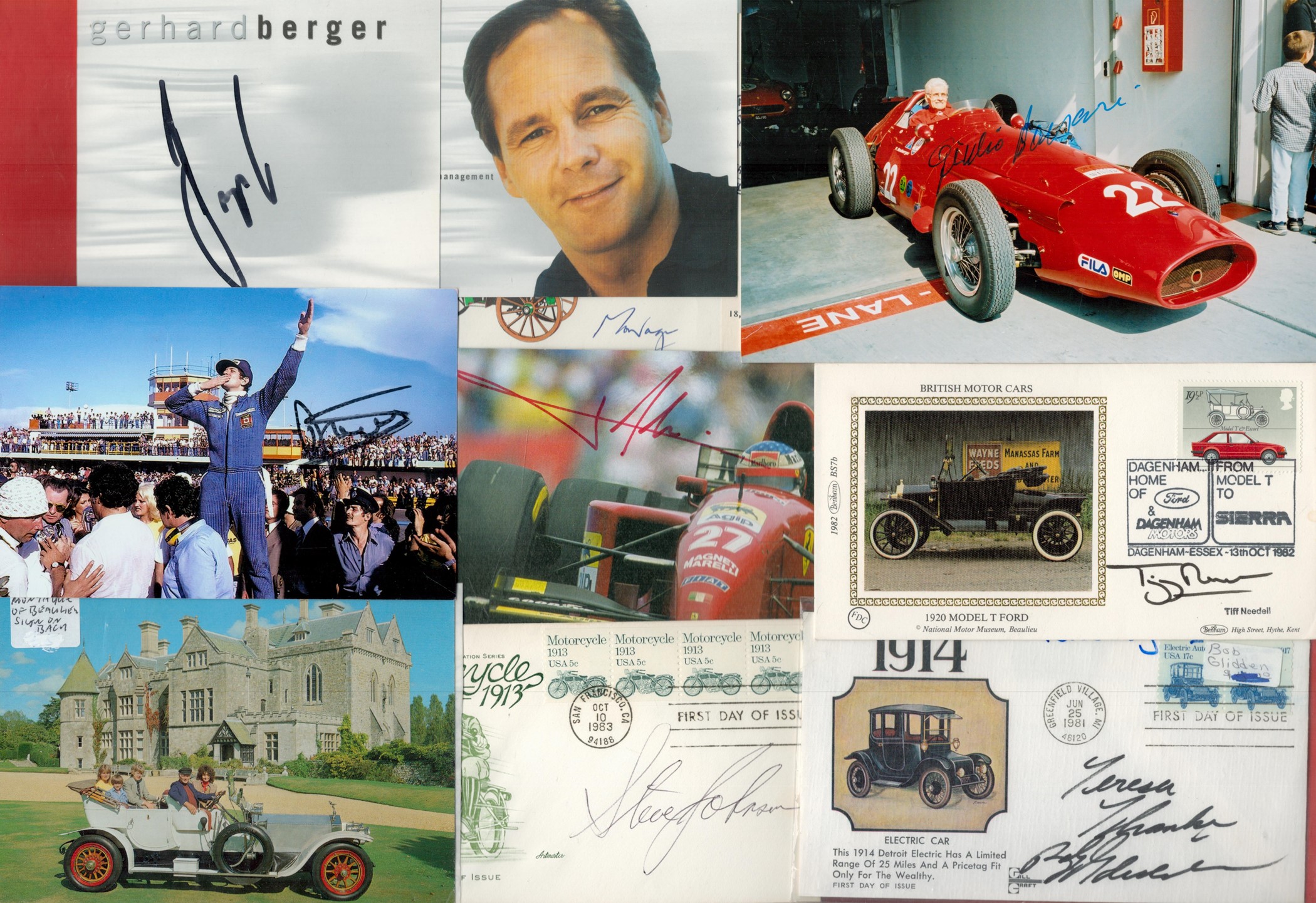 Motor Racing signed collection of eleven signed photos, magazine pictures, FDCs. Includes Juan Pablo