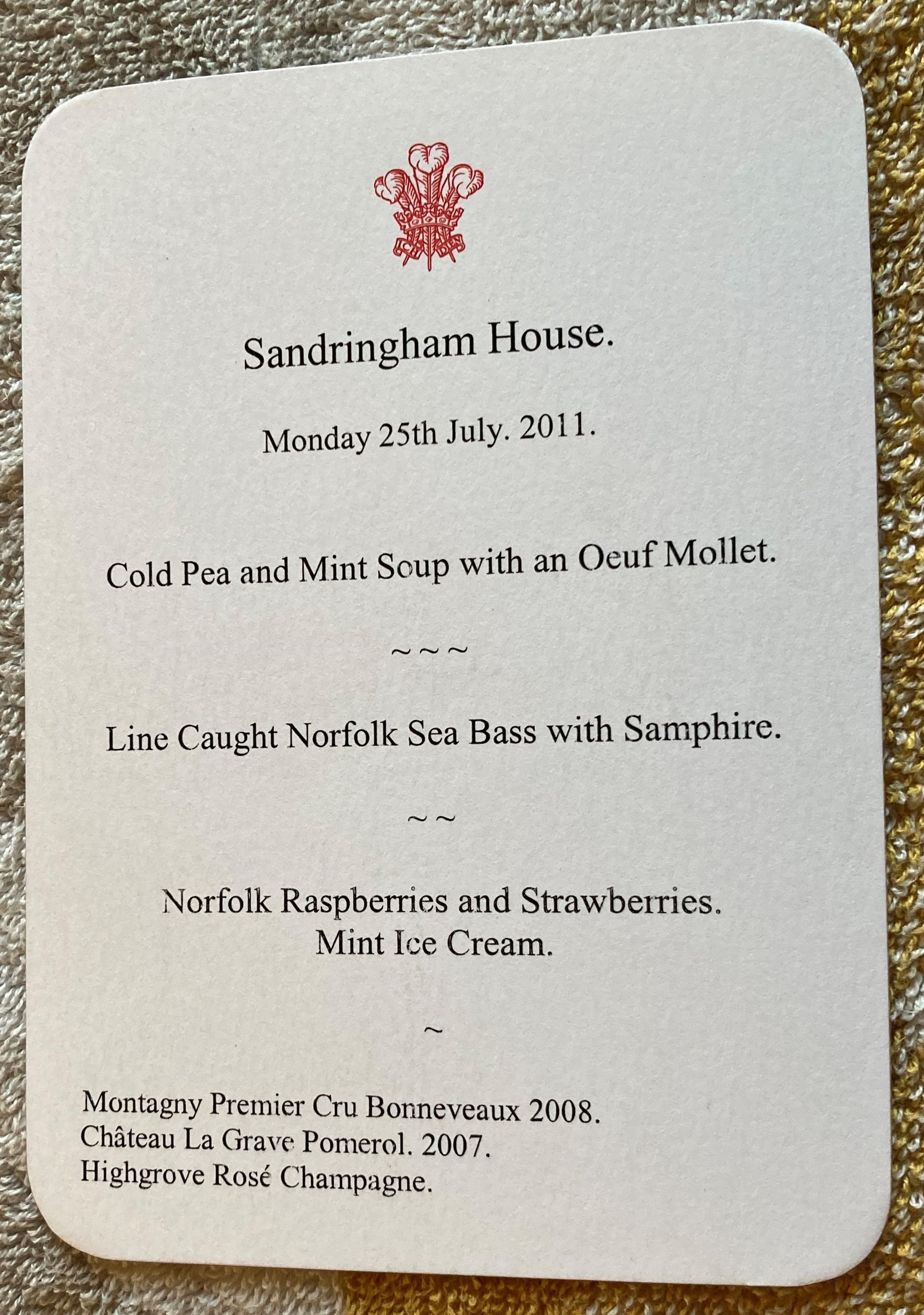 King Charles Sandringham House dinner menu when Prince of Wales 25th July 2011, with red royal logo.