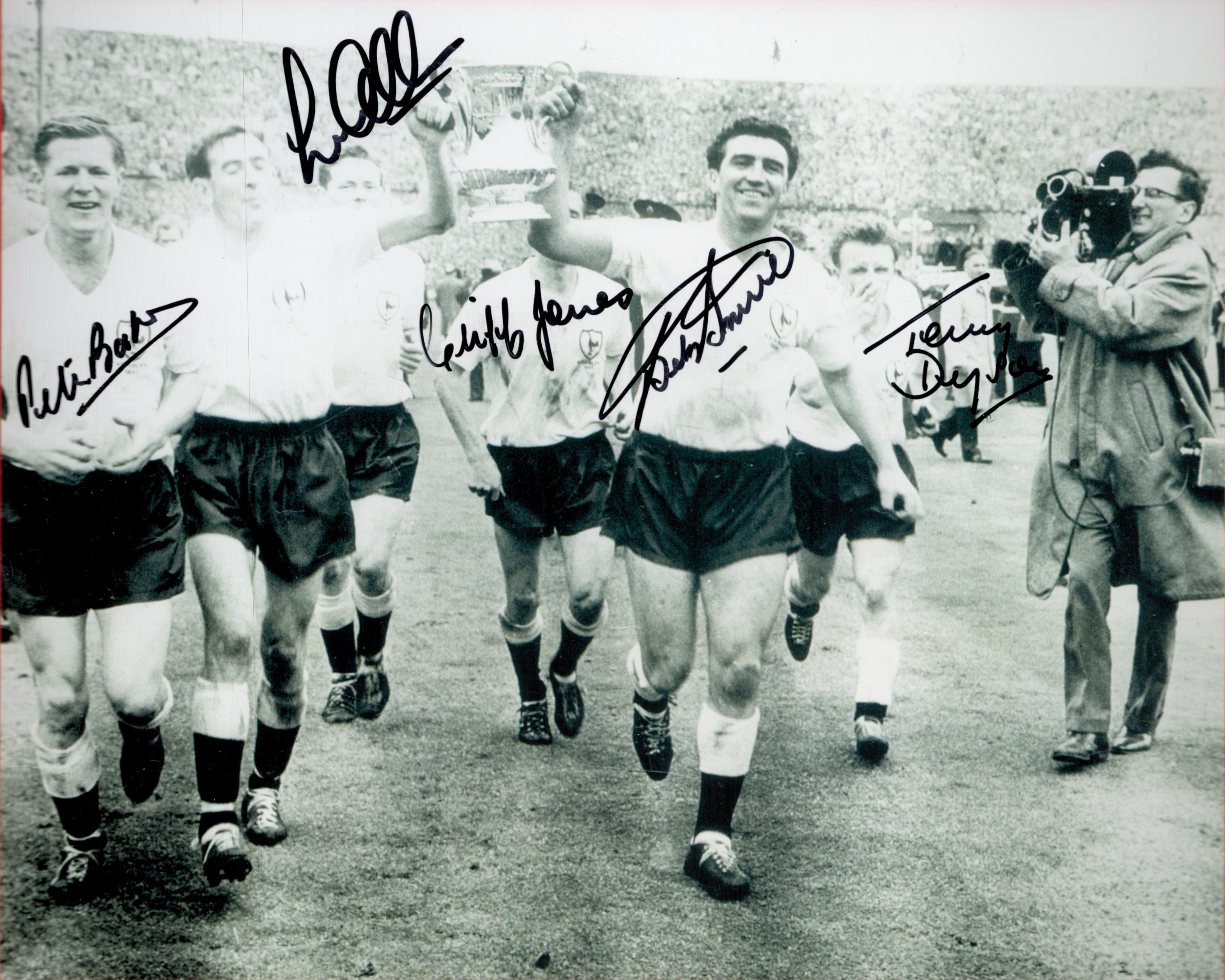 Spurs Legends Multi Signed 10x8 inch Black and White Photo. 5 Signatures. Includes Cliff Jones,