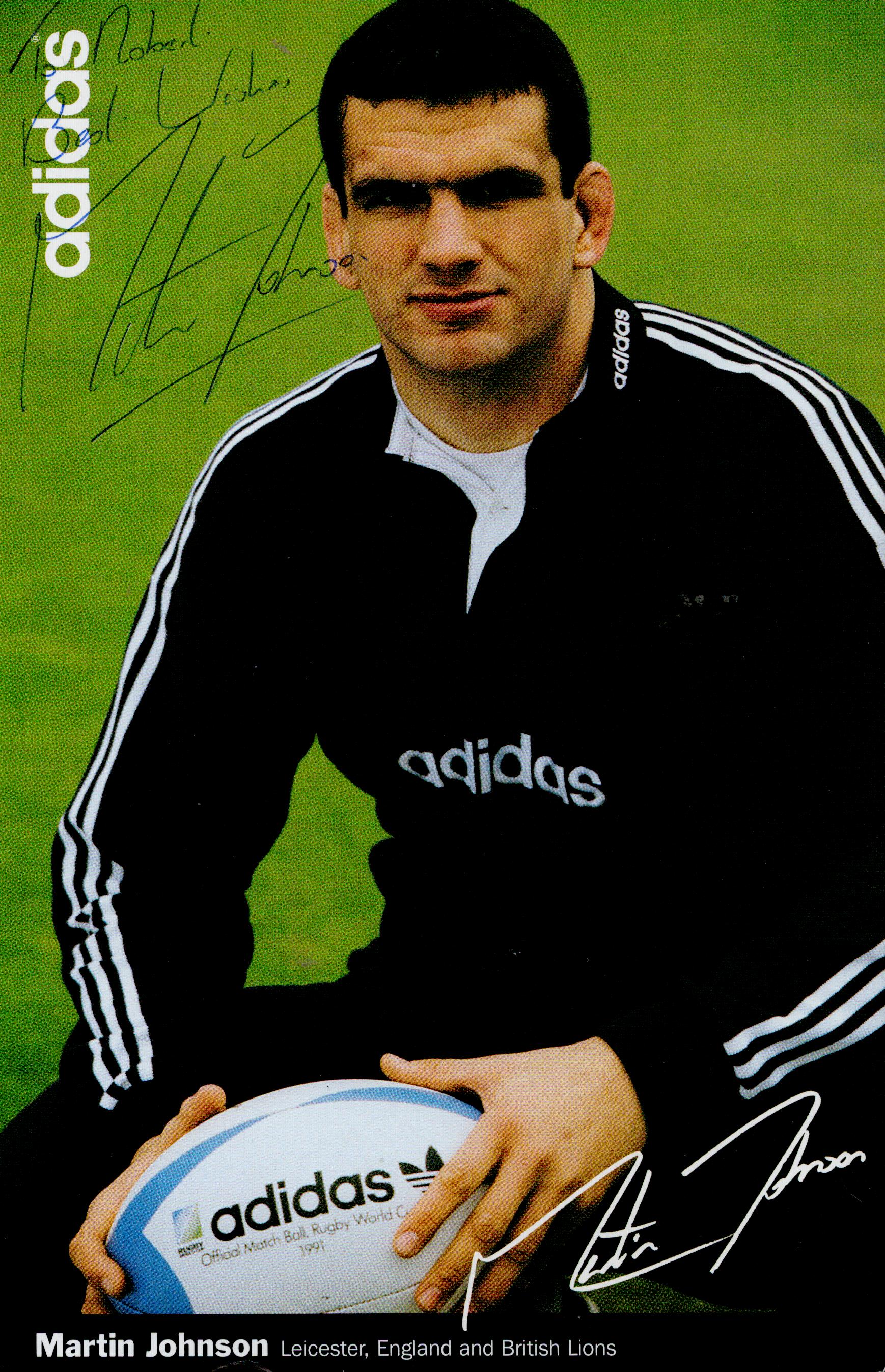 Rugby Union Martin Johnson signed Adidas 9x6 colour promo photo dedicated. Good condition. All