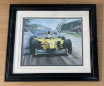 F1 Heinz-Harald Frentzen signed 20x17 framed and mounted colour print by the artist Michael Turner