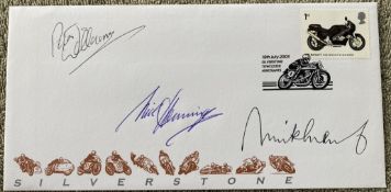 Motor Cycle legends Mick Grant, Peter Williams and Mick Hemmings signed 2005 Silverstone cover. Good